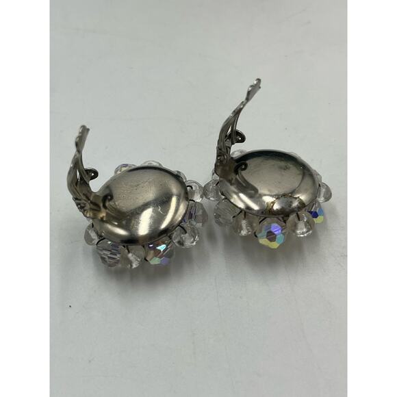 Vintage Unsigned Crystal AB Sunburst Snowflake Round Clip On Earrings - Picture 6 of 8